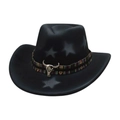 Black wool felt western cowboy hat with white stars and metallic bull skull ornament - One Size / Black