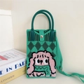 Detailed view of green knitted crossbody bag featuring cartoon animal patterns and metal snap - 16 Phone Bag-Robo Dog Green