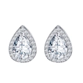 Macro view of teardrop pink zircon stud earrings with halo diamonds in silver finish - Pear-Shaped White Zirconia