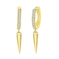 Close-up of gold plated huggie earrings with sparkling zircon and cone spikes - Gold Spike