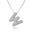 Detailed view of silver bubble letter W pendant with sparkling zircon micro-paving - Letter W