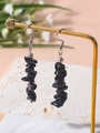 Minimalist silver stainless steel earrings featuring polished irregular black stone beads - Black