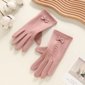 Gants d'hiver roses pour femmes en poils de lapin avec nœud élégant et broderie tactile - Papillon Épi de Blé - Poil de Lapin Rose