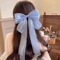 Elegante grote lichtblauwe strik haarklem van transparante tule gedragen door een model - Blauw lang lintstijl / Blauw