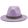Detail of lavender wool fedora hat featuring a striped black and white ribbon band - Taro Purple