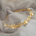 Exquisite golden floral headband with white pearls and metal leaf design for weddings - 6# Small Floral