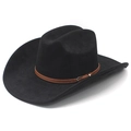 Classic black faux suede western cowboy hat with a brown leather belt and metal buckle - M (56-57cm) / Black