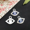 Three silver-tone Evil Eye leaf charms with blue enamel and rhinestones for DIY jewelry - Bright Silver Evil Eye 14x16mm