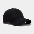 Close-up of distressed edges and frayed texture on black vintage cotton baseball cap - Adjustable / Black