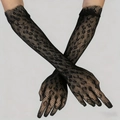 Elegant long black lace mesh gloves with vintage floral pattern and rhinestone accents - Leopard Mesh