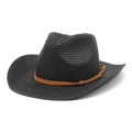 Classic black straw cowboy hat with wide brim and brown leather strap on white background - M (56-58cm) / Black