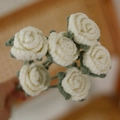 Handmade crochet rose bouquet with six white flowers and green stems crafted from yarn - Single Finished Flower / Bubble Rose (White)