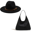 British style black suede fedora hat with belt buckle and matching hobo shoulder bag set - M (56-58cm) / Suede Black Set