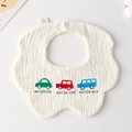 Soft cream cotton baby bib with cartoon car prints and scalloped petal edges - Gauze Flower Scarf - Three Small Cars