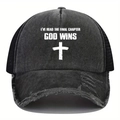 Cappellino da baseball in denim lavato con stampa a croce God Wins e retro a rete - Taglia unica / Nero