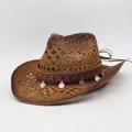 Dettaglio di cappello da cowboy in paglia con fascia decorativa in stile etnico - Taglia unica / Cachi con Decorazione Caffè (CM0418)