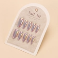 Detail of neon aurora long coffin nails in purple and pink on display card - By1733 / Glue Type