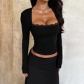 Slim fit black square neck long sleeve top with delicate lace trim for women - S / Black
