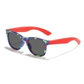 Blaue und rote Kinder-Sonnenbrille mit bunten Cartoon-Dinosaurier-Drucken auf dem Rahmen - Blauer Rahmen Pinker Bügel Graue Linse