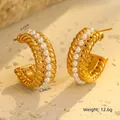 Macro detail of 18K gold-plated C-shape earrings with twisted metal and white pearl inlay - Twisted Rope Weave Pearl Style (NMSE-J111-1)