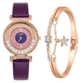 Elegant purple starry quartz watch set with rose gold rhinestone dial and star bracelet - Purple + Bracelet