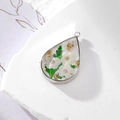 Teardrop resin daisy pendant with silver frame, white flower, leaves and gold foil accent - Three White Flowers Teardrop