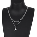 Double-layered silver titanium steel necklace featuring a heart pendant and paperclip chain - Heart Pendant Double Layer Necklace / Silver (KN201273-Z)