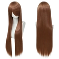 Front and back view of long straight brown cosplay wig with bangs, sleek texture, 80cm length - Brown