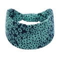 Detail of teal elastic headband featuring navy blue floral prints and a wide yoga-style band - Teal With Dark Blue Floral