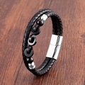 Close-up of double-layer black braided leather bracelet with silver magnetic metal clasp - Silver-4 (Black Beads)