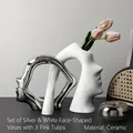 Abstract face ceramic vase set in silver and white with three pink tulips - A Vase Of Perfect Harmony - Electroplated Silver-white + Deep Pink Tulips (3 Pieces)