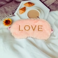 Pink plush sleep mask with gold LOVE embroidery and soft elastic headband for travel - LOVE Embroidery / Dusty Rose