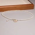 Minimalist 2mm natural pearl necklace featuring a gold-edged pink mother-of-pearl heart pendant - XL0084 Pearl Chain with Pink Heart Pendant