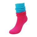 Pink and blue color-blocked slouch socks featuring textured knit and ruffled cuff design - Rose Red & Blue