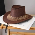 Detail of brown woven cowboy hat with braided leather cord and fringe on white book - Adult (55-60cm) / Coffee