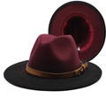 Detail of gradient burgundy and black fedora hat with brown faux leather buckle band - M (56-58cm) / Wine Red + Black