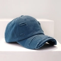 Distressed dark blue baseball cap in washed cotton with vintage ripped hole detail - L (58-60cm) / Blue