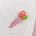 Detail of pink metal snap clip with resin coral tulip and green leaf ornament - 6# Coral Pink Tulip Snap Clip (1PC)