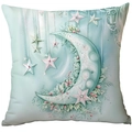 Mint green Christmas pillow cover featuring a dreamy moon and stars floral illustration - Crescent Moon with Flowers