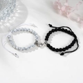 Couples magnetic heart bracelets with black matte and white marble stone beads - Howlite & Frosted Black With Heart Magnet