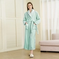 Thick mint green flannel long bathrobe for women with contrast white trim and waist tie - Pea Green-Women