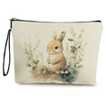 Osterhasen Kosmetiktasche mit Blumendruck, hellbeige Leinwand und schwarzer Schlaufe - Sitzender Hase Mit Blumen (Stil 2)