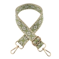 Close-up of green and beige ethnic geometric patterned wide bag strap with gold buckles - T8-Olive Green