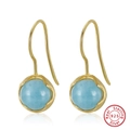 Handmade S925 sterling silver drop earrings with turquoise beads and gold hammered texture - Light Blue Round Bead Hook - Gold