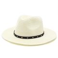 Detail of cream straw fedora hat featuring black ribbon and metal rivet studs - M(56-58cm) / Cream