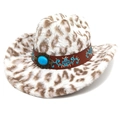Western leopard faux fur cowboy hat with turquoise leather band and floral embroidery - M (56-58cm) / White - Flat Top