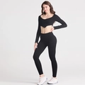 Set yoga nero 2 pezzi con top corto a maniche lunghe e leggings a coste a vita alta - S / Nero