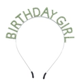 Silver metal Birthday Girl headband with vibrant green rhinestones for parties - Silver Base + Light Green Rhinestone