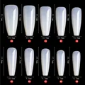 Size chart showing height and width dimensions for short ballet coffin false nail tips - Natural (2# Ballet)