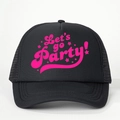Detail of black trucker hat featuring pink Let's go Party text and breathable mesh back - One Size / Black